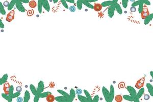 Xmas banner with candy cane and lollipop, fir branch and baubles. vector