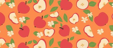 Hand drawn abstract fruit apple pattern with plant parts and sliced food. Cute background with fruits. vector