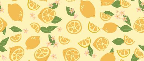 Hand drawn abstract lemon fruit pattern with plant parts and sliced food. Cute background with fruits. vector