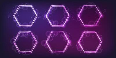 Neon hexagon frame with shining effects and sparkles vector