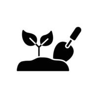 Shovel icon stick on soil in black outline style vector