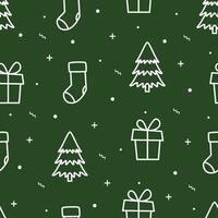 Christmas outline seamless pattern on green background with pine tree, sock, and gift vector