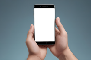 Hands holding a black smartphone with a blank screen png