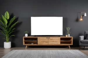 A modern living room with a tv and wooden entertainment unit png