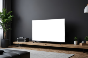 A black tv is sitting on a wooden shelf in front of a black wall png