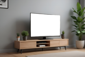 Modern tv stand with wooden shelves and plants in a room png