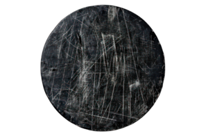 Round scratched black surface with distressed texture. Transparent background for design and print. Grunge and worn texture concept. png