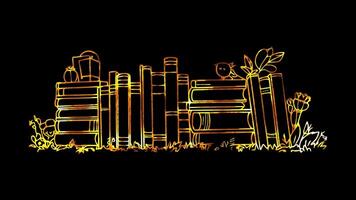 Neon frame effect, Stack of Books Symbolizes libraries or study resources on black background video