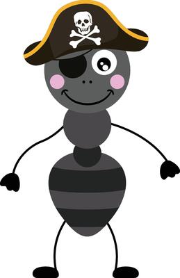 Funny pirate ant with black hat and covered eye
