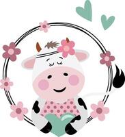 Friendly cow peeking out of spring round frame vector