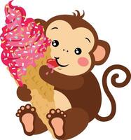 Cute monkey sitting eating an ice cream cone vector