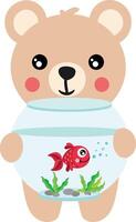 Funny teddy bear holding a red fish in globe aquarium vector