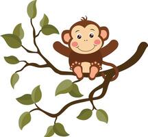 Happy monkey sitting on a tree branch with leaves vector