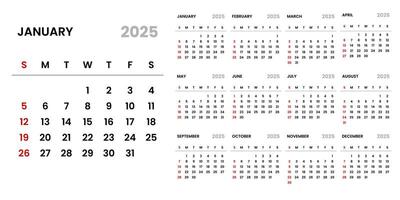 Calendar 2025 Set Simple Plan Layout. Planner diary in minimalist style. Corporate and business calendar. 2025 calendar in minimal style vector