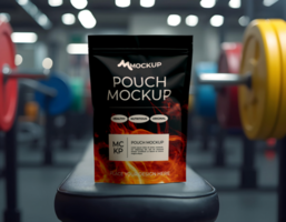 Mockup standing zip lock pouch with gym barbel background psd