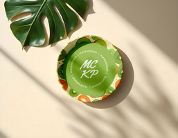 Plate mockup with leaf and cream background psd