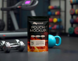 Mockup standing zip lock pouch with gym and barbel background psd