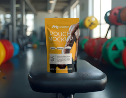 Mockup standing zip lock pouch with gym background psd