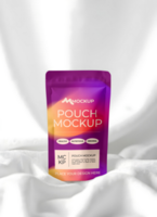 Mockup standing zip lock pouch with white fabric background psd