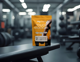 Mockup standing zip lock pouch with gym studio background psd