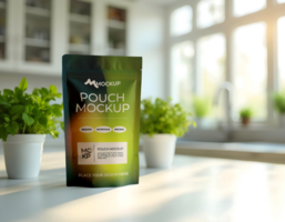 Mockup standing zip lock pouch with leaf background psd
