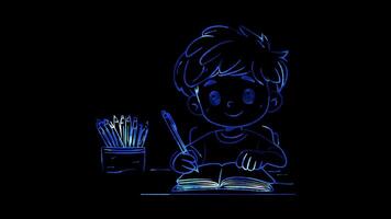 Neon frame effect, school children doing homework on black background video