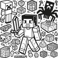 A Minecraft coloring line art with fox sneaking, bamboo forest, during sunset, building a huge skyscraper vector