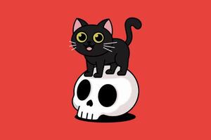 Mysterious Black Cat Perched on a Skull in a Spooky Setting vector