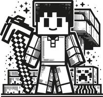 A black and white drawing of a minecraft character vector