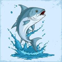 Hand drawn bluefin tuna jumping out of water creating water splash, jumping tarpon fish isolated vector