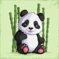 Hand drawn cute little panda sitting with bamboo sticks on behind isolated on green background vector