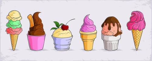 Set of hand drawn tasty ice cream cones and pots with different delicious flavors isolated vector