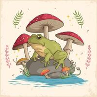 Hand drawn Cottagecore Goblincore Frog sitting on rock,Mushroom and water. Cottagecore style frog vector