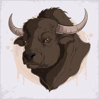 Hand drawn angry huge American buffalo head with aggressive horns isolated on white background vector