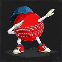 Hand drawn funny red Dabbing stitched cricket ball with hands and legs doing dab dance gesture pose vector