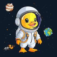 Hand drawn cute baby duck wearing astronaut spacesuit. cosmonaut duck over rocket, earth and planet vector