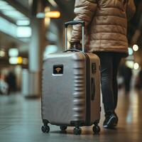 A suitcase with Wi Fi badge moves autonomously through busy airport terminal, showcasing modern travel technology. scene captures essence of convenience and innovation in travel photo