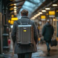 A traveler with suitcase featuring Wi Fi badge walks through bustling airport terminal, showcasing modern travel convenience and technology. atmosphere is vibrant and dynamic photo