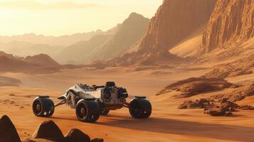 A Mars rover with two wheels explores vast desert landscape, surrounded by towering mountains and rocky terrain. scene captures essence of extraterrestrial exploration and adventure photo