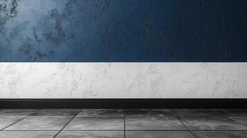 A minimalist background image featuring textured blue wall with white stripe at bottom, complemented by dark tiled floor. This design is perfect for website backgrounds or modern decor photo