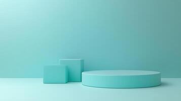 Minimalist design featuring two geometric shapes, square and circular platform, set against soothing turquoise background. This serene composition evokes sense of calm and simplicity photo
