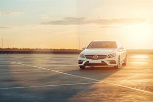 white car in an empty large parking lot in the rays of the sun during the golden hour. free parking concept photo