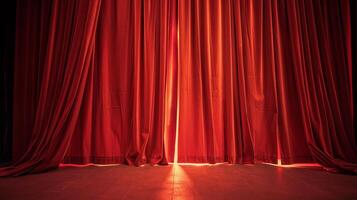 the lower part of a red stretched theatre curtain under which light shines through photo