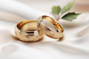 close up of two wedding rings with the same patterns on white fabric photo