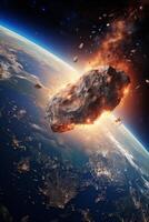 vertical photo of an asteroid hurtling towards earth