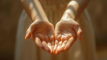 close-up of female hands close-up stretched together palms up. concept supplication, request photo