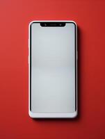Vertical mockup of smartphone with white screen on bright red background, top view photo