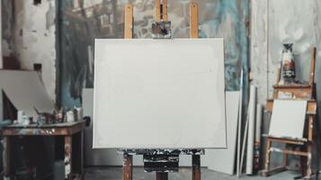 white textured canvas close-up front mounted on tripod or easel stained with paint, against background of art studio or art school photo