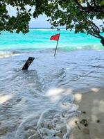 Red flag in the waves on Silhouette island in seychelles photo