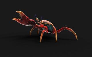 3d Illustration Pose of a Fiddler crab. Red crab isolate on Green background with clipping path. photo